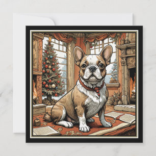 Tarjeta Bulldog Francés junto al árbol de Navidad