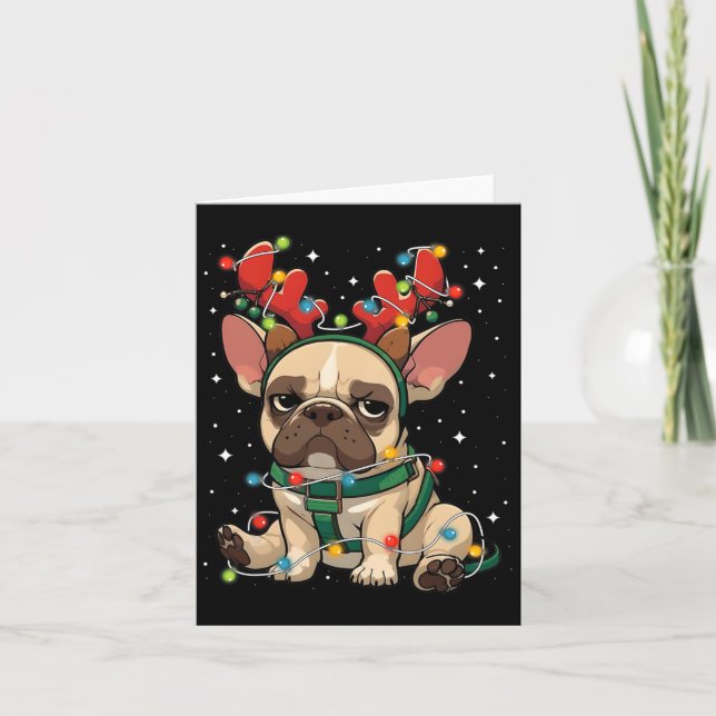 Tarjeta Bulldog francés lindo enredado en las luces de los (Anverso)