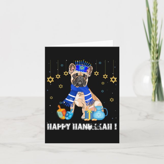 Tarjeta Bulldog francés Menorah Gorra Happy Chanukah Hanuk (Anverso)