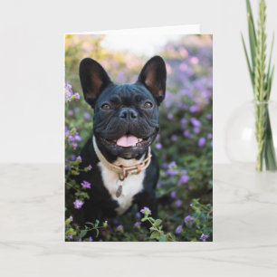Tarjeta Bulldog francés se sienta en las flores