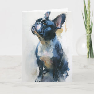 Tarjeta Bulldog francés sentado a la acuarela