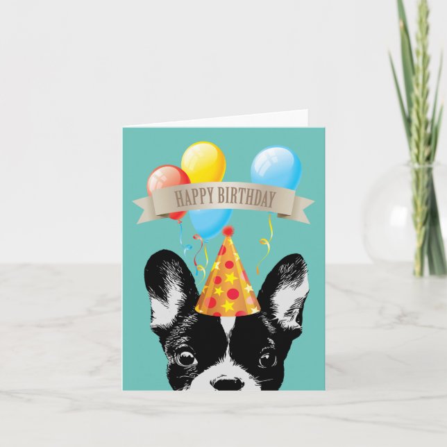 Tarjeta Bulldog francés y globos Feliz cumpleaños (Anverso)