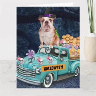 Tarjeta Bulldog Inglés Camión de Halloween Noche Espeluzna