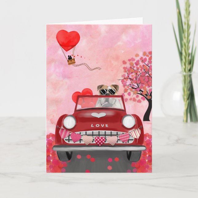 Tarjeta Bulldog inglés conduciendo auto con corazón de San (Anverso)