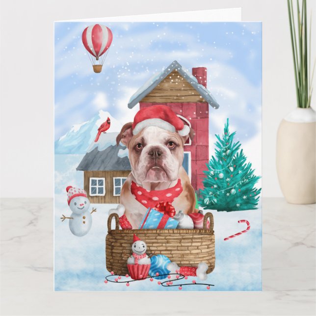 Tarjeta Bulldog Inglés en casa de perro de Navidad con nie (Anverso)