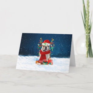 Tarjeta Bulldog Inglés en la nieve con regalos de Navidad