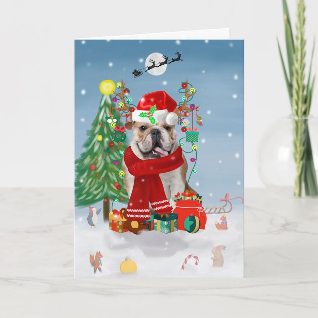 Tarjeta Bulldog Inglés en la nieve con regalos de Navidad  (Anverso)