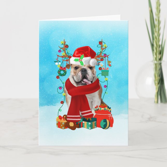 Tarjeta Bulldog inglés en la nieve con regalos de Navidade (Anverso)