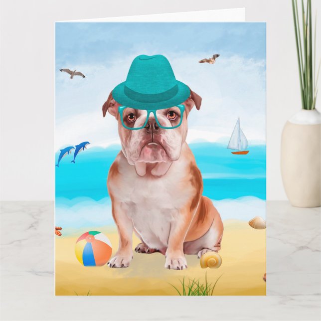 Tarjeta Bulldog inglés en la playa (Anverso)
