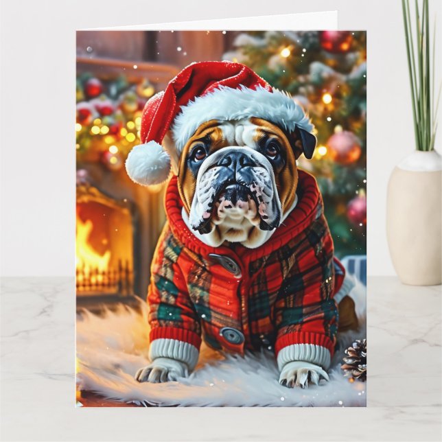 Tarjeta Bulldog inglés festivo con un Sombrero (Anverso)