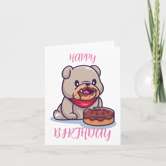 Tarjeta Bulldog Kawaii Feliz cumpleaños (Anverso)