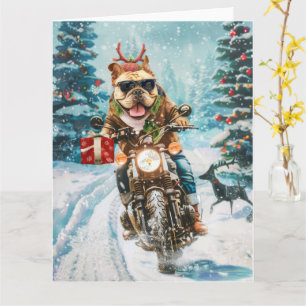 Tarjeta Bulldog Montando Motocicleta Navidad
