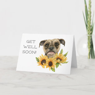 Tarjeta Bulldog Sunflowers Watercolor   Get Well Soon
