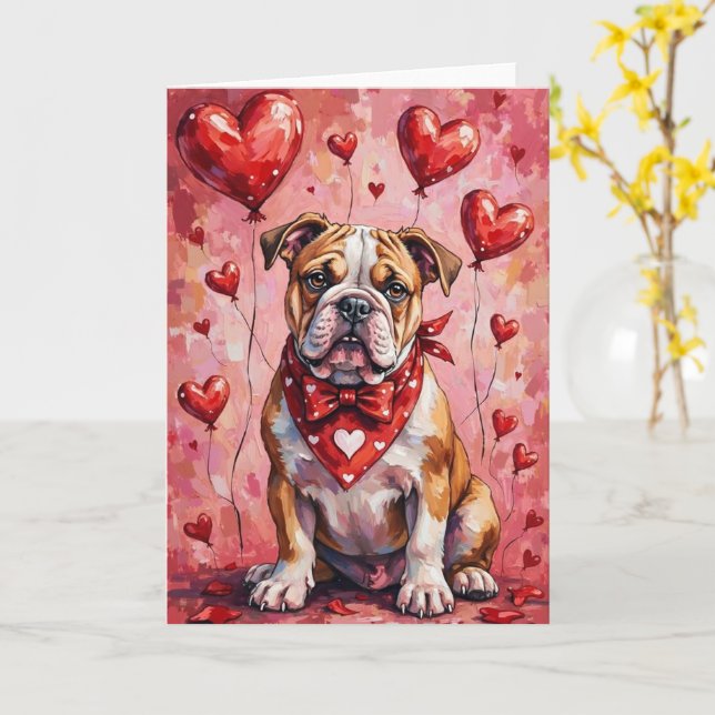 Tarjeta Bulldog Valentine’s Day Dog with Hearts Red (flor amarilla)