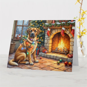 Tarjeta Bullmastiff Chimenea con Luces de Navidad