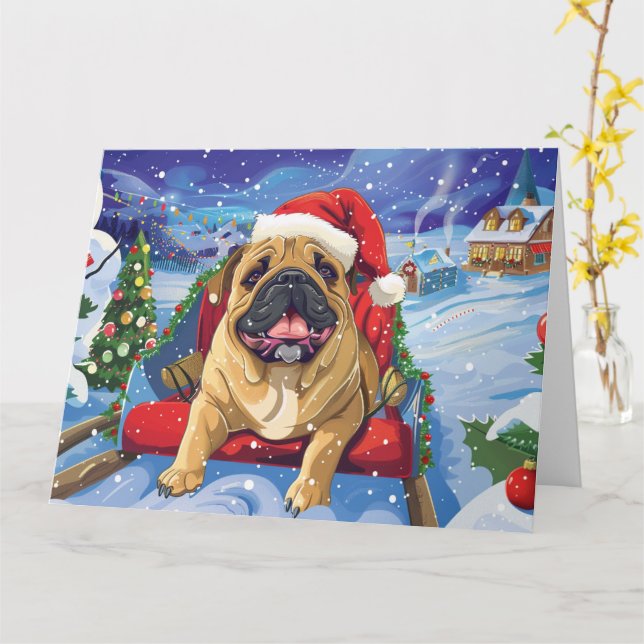 Tarjeta Bullmastiff en Navidades de Nieve en Sleigh (flor amarilla)
