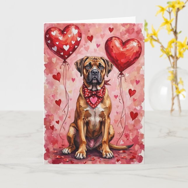 Tarjeta Bullmastiff Valentine’s Day Dog with Hearts Red (flor amarilla)