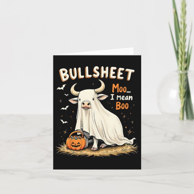 Tarjeta Bullsheet Cow Ghost Pun divertido truco de Hallowe (Anverso)