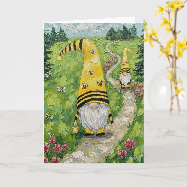 Tarjeta Bumble Bee Gnomes (flor amarilla)