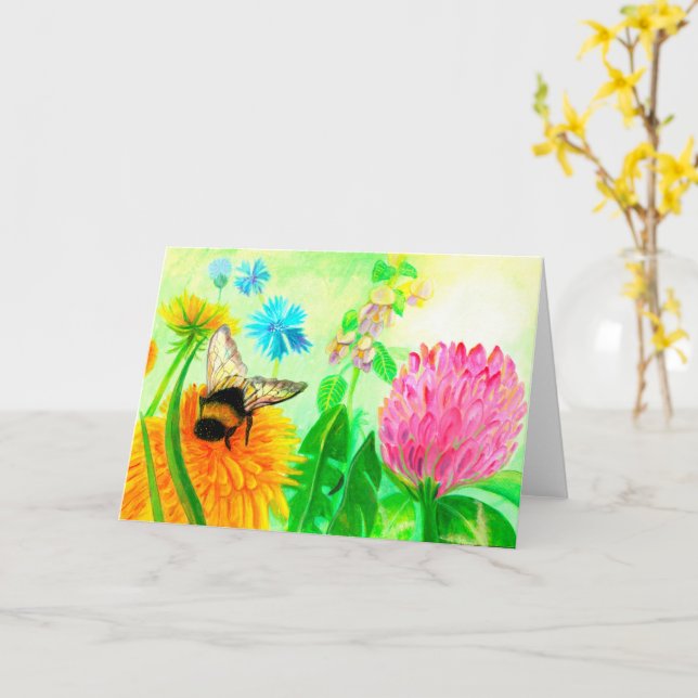 Tarjeta Bumblebee en dandelion Cumpleaños (flor amarilla)