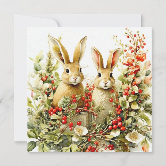 Tarjeta Bunnies acuarelas y bayas silvestres (Anverso)