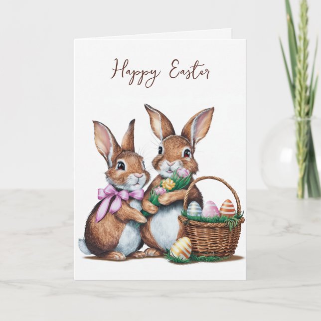 Tarjeta Bunnies de Pascua con huevos (Anverso)