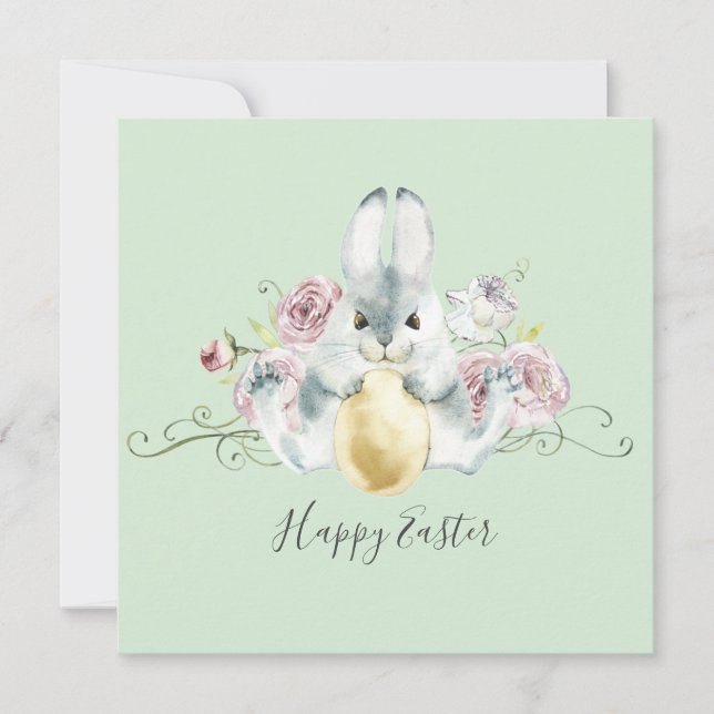 Tarjeta Bunny acuarela y flores Pascua (Anverso)