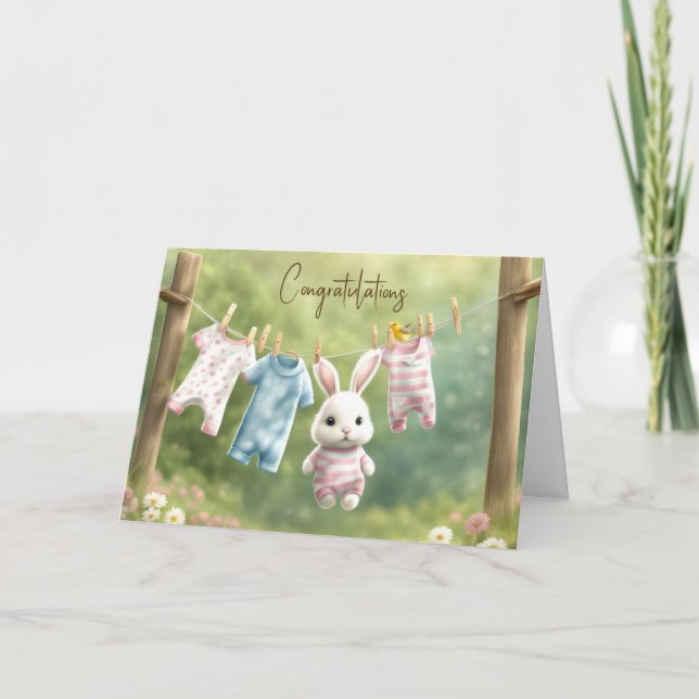 Tarjeta Bunny blanco y lavandería para bebé (Anverso)