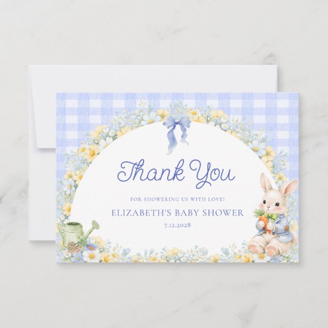 Tarjeta Bunny Gingham Blue Baby Shower Thank You  Card (Anverso)