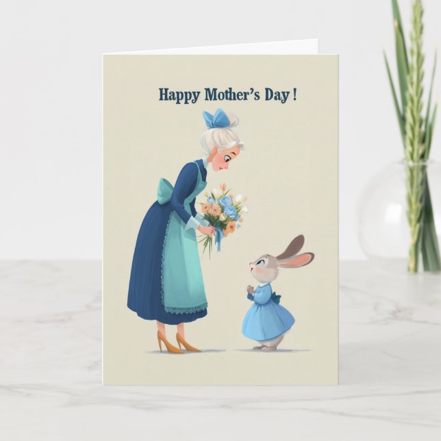 Tarjeta Bunny Giving Flowers to Grandma for Mother's Day (Anverso)