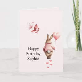 Tarjeta Bunny Heart Balloon Pink Butterflies Birthday