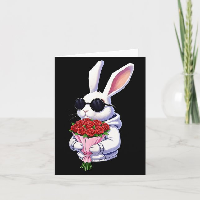Tarjeta Bunny Hugging Valentine Flower Bunny  (Anverso)