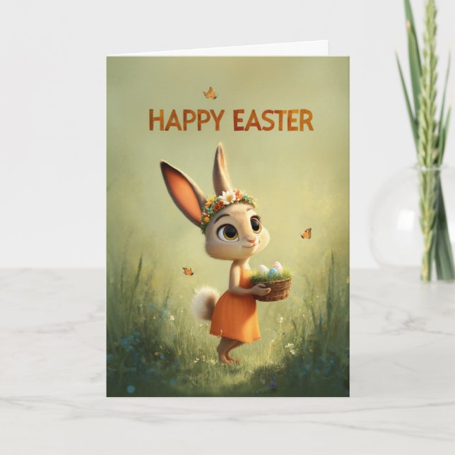 Tarjeta Bunny in Orange Dress Wearing Flower Crown Easter (Anverso)