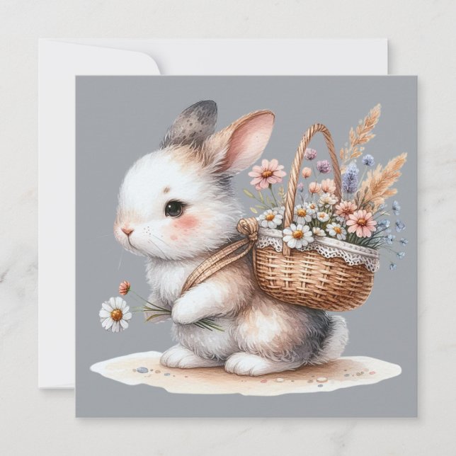 Tarjeta Bunny lindo con flores acuarela arte (Anverso)