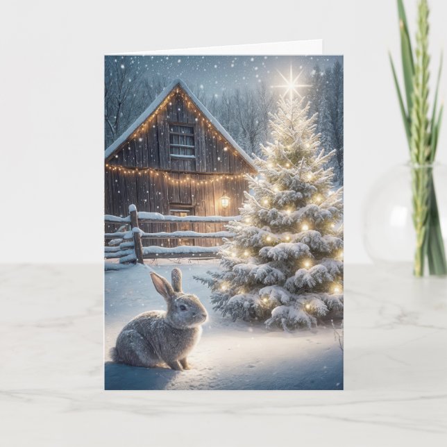 Tarjeta Bunny navidades con árbol y granero brillante (Anverso)