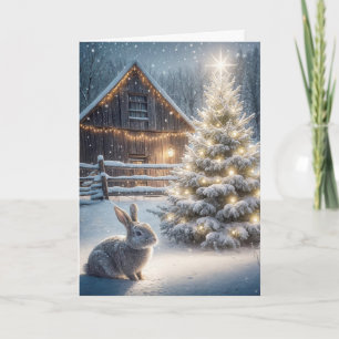 Tarjeta Bunny navidades con árbol y granero brillante