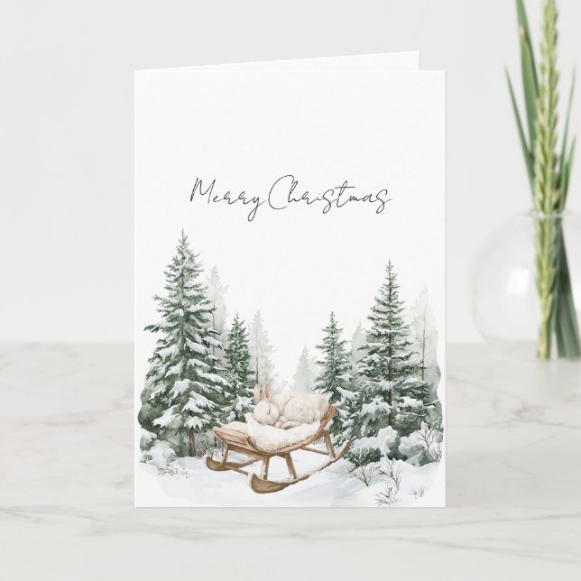 Tarjeta Bunny on Sleigh Snow Christmas Pine Trees (Anverso)