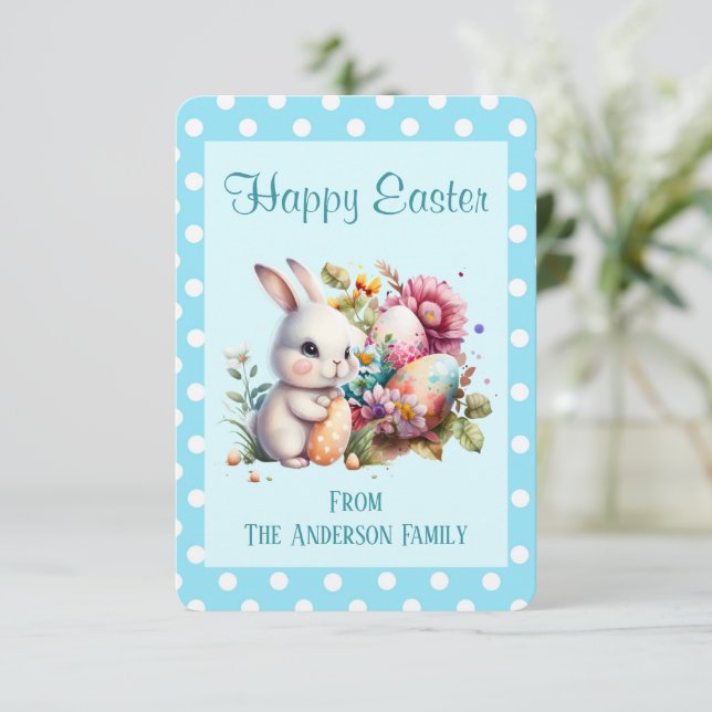 Tarjeta Bunny Polka Dot Border Easter Card (Anverso de pie)