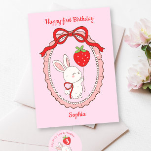 Tarjeta Bunny Strawberry Balloon Happy Birday Card
