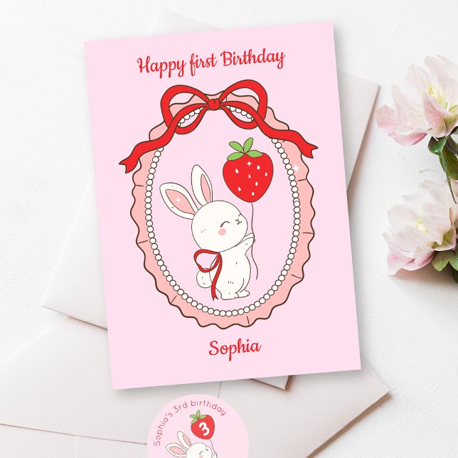 Tarjeta Bunny Strawberry Balloon Happy Birday Card (Subido por el creador)