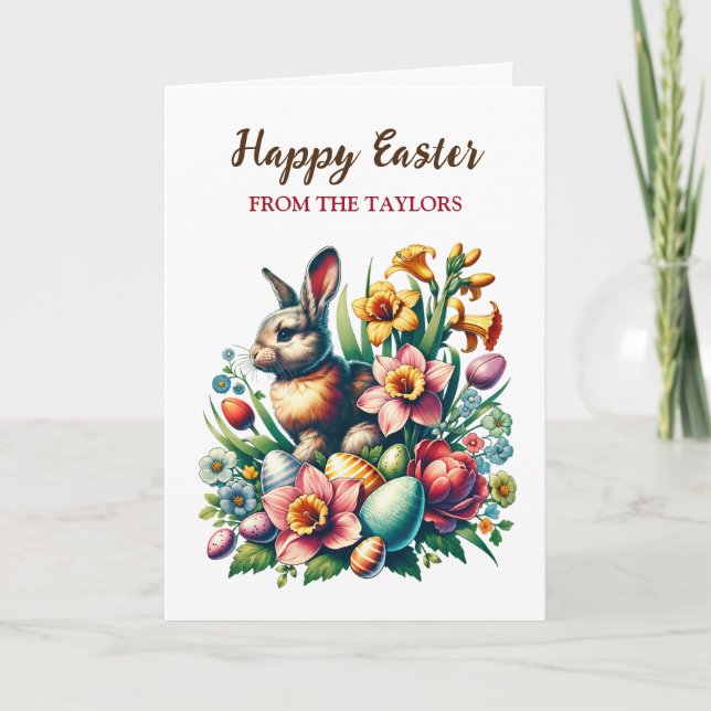 Tarjeta Bunny y flores de Semana Santa personalizada (Anverso)