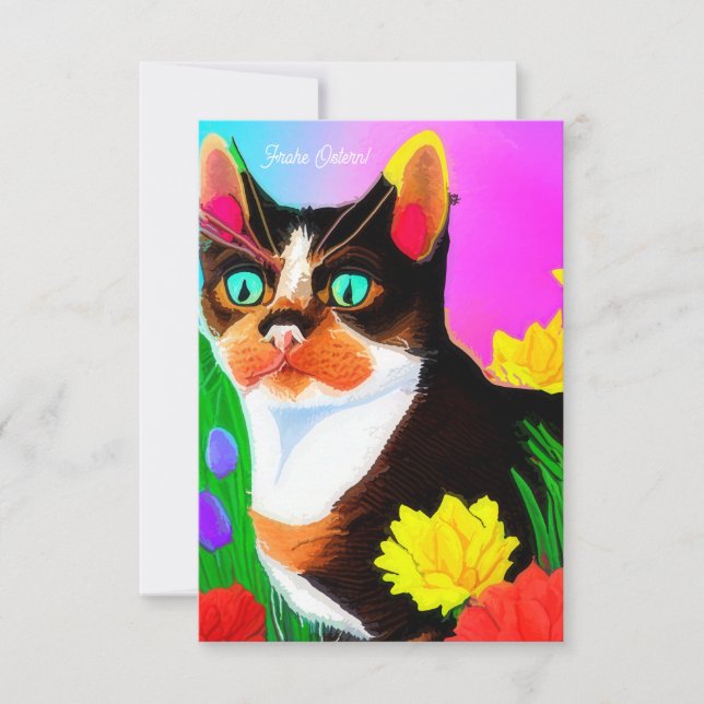 Tarjeta Bunte gemalte Katze und Blumen Ostern  Karte (Anverso)