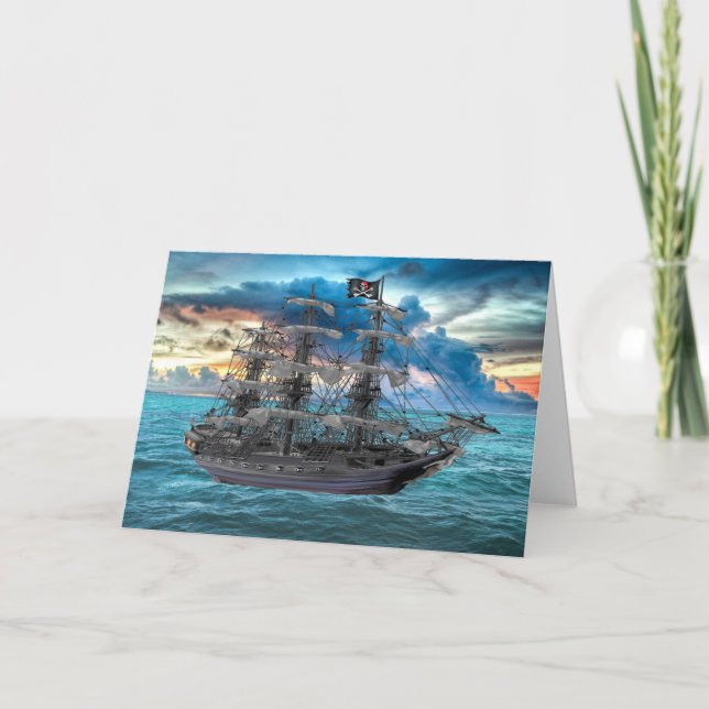 TARJETA BUQUE PIRATA ANCLADO AL ATARDECER (Anverso)
