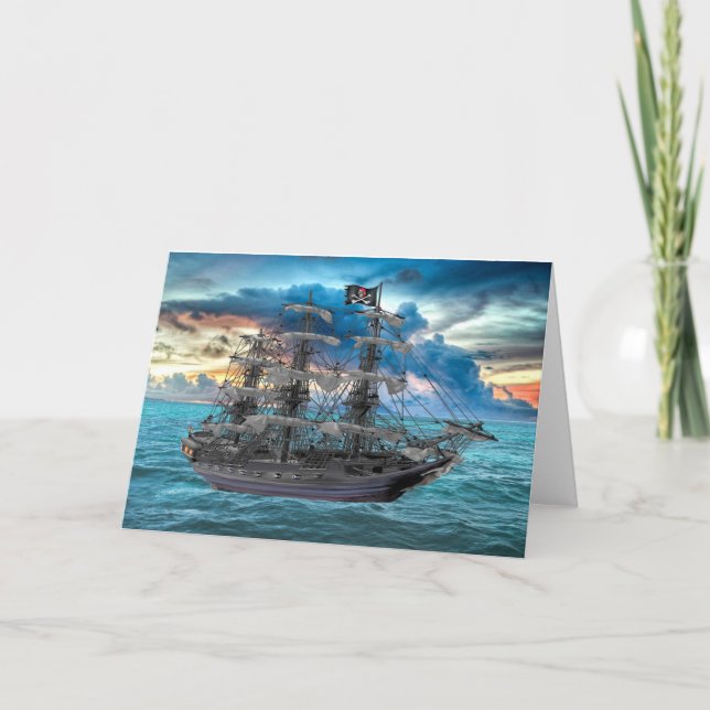 TARJETA BUQUE PIRATA ANCLADO AL ATARDECER (Anverso)