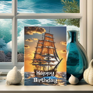 Tarjeta Buque velero en el océano al amanecer feliz cumple