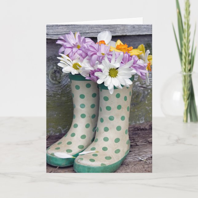 Tarjeta Buquete de margarita de cumpleaños con botas (Anverso)