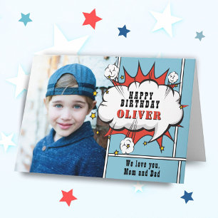 Tarjeta Burbuja de diálogo de cómic de superhéroe Niño Fot