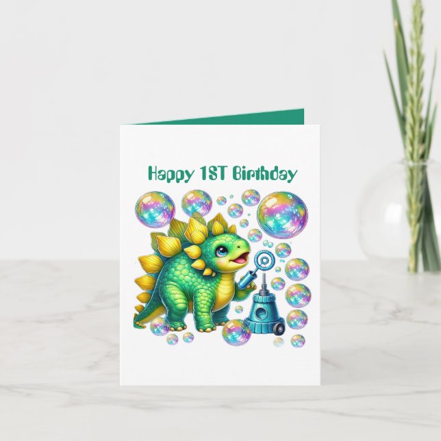 Tarjeta Burbujas de dinosaurios de cumpleaños del primer b (Anverso)