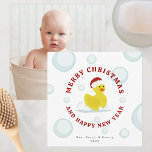 Tarjeta Burbujas de los Navidades de Santa Claus del Duque<br><div class="desc">Ilustracion de un pato amarillo de goma con sombrero de santa rodeado de burbujas. Personaliza la parte posterior con tu foto de atrás.</div>