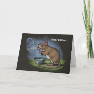 Tarjeta Burbujas que soplan el ratón: lápiz de color: cump